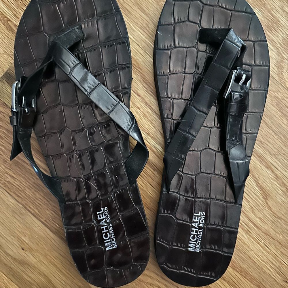Michael Kors Black Croc-Pattern Flip Flops